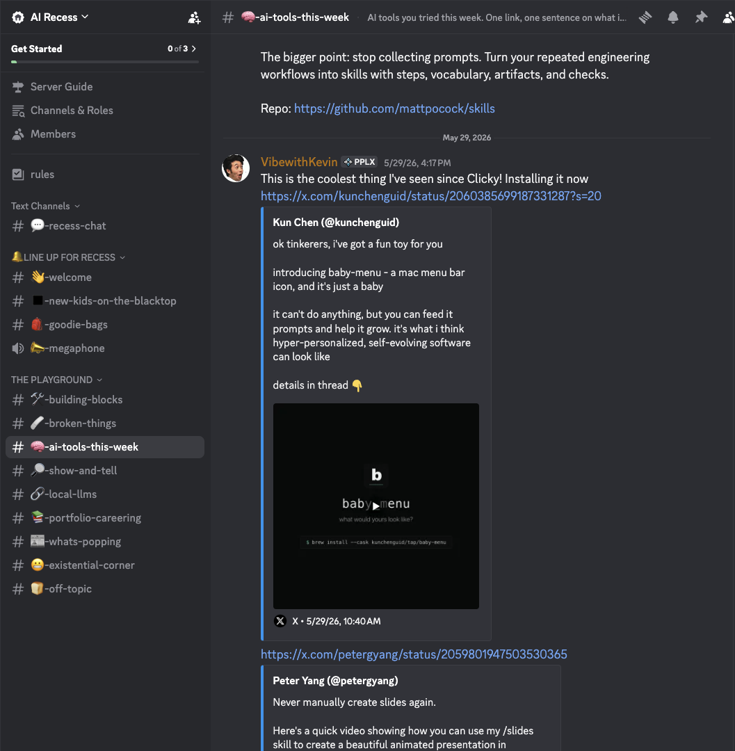 The AI Recess Discord, with channels for goodie bags, building blocks, local LLMs, and weekly AI tools, loaded with shared skills, repos, and resources